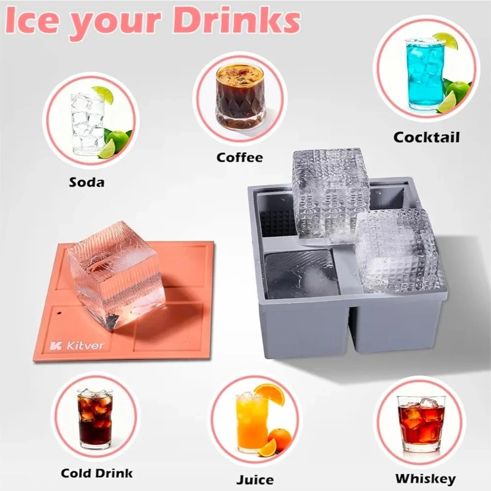 Kitver Big Square Ice Cube‎ Tray Silicone 4-Cell Mold with Lid Grey Orange NEW
